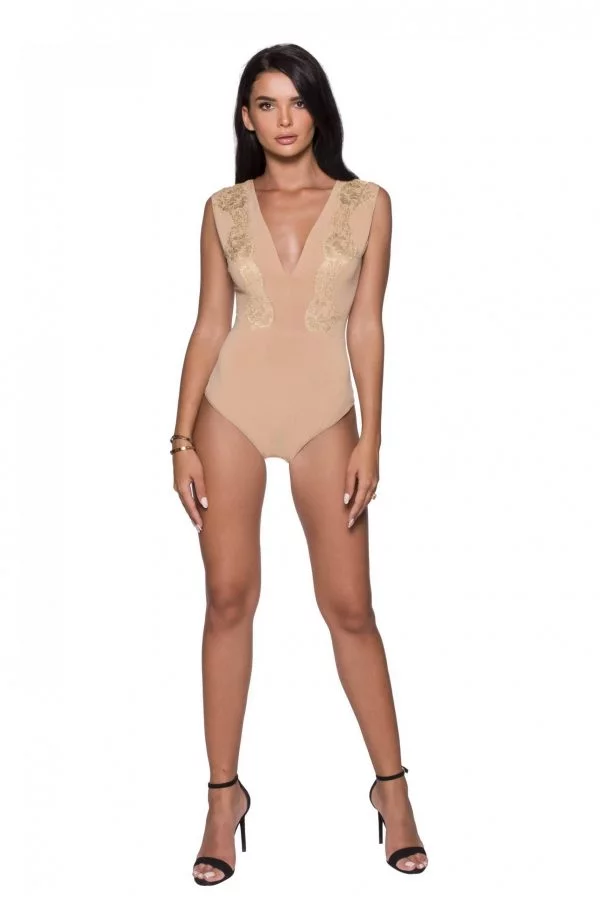 Lace Outlined Sleeveless Bodysuit Nude Bodysuit