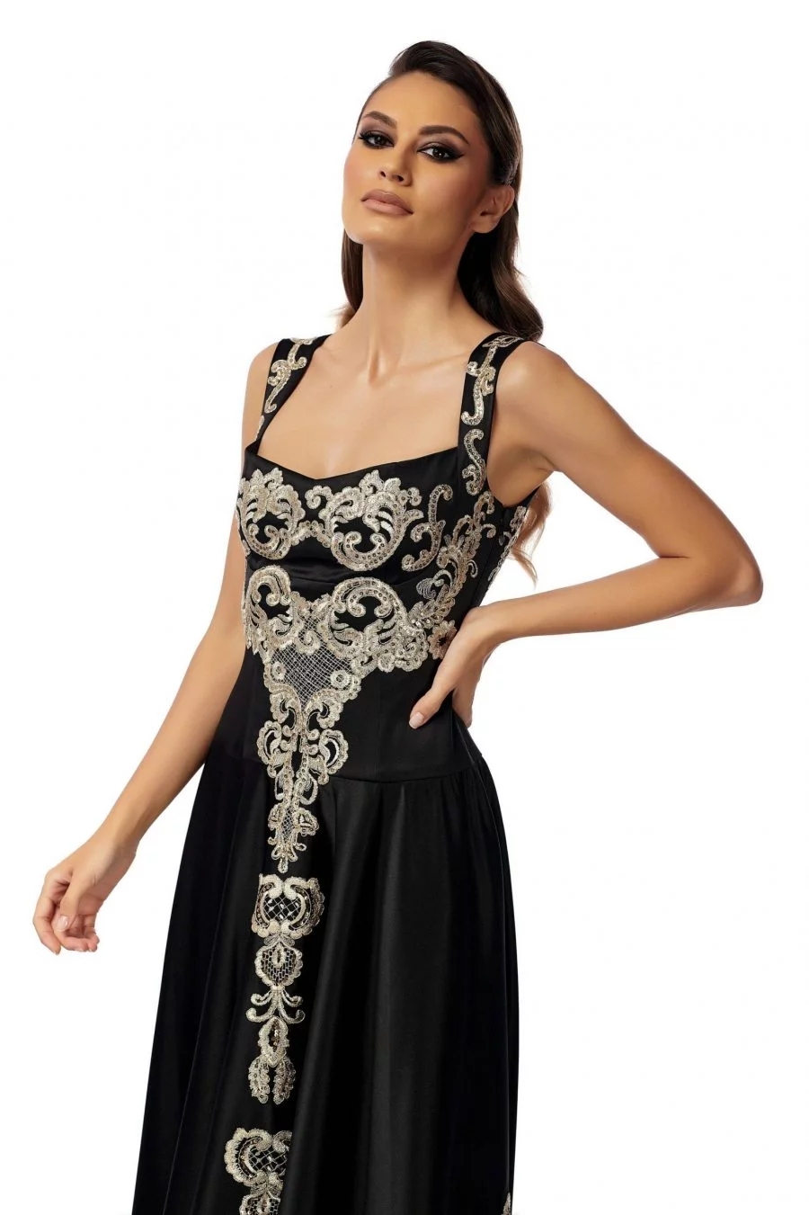 Black Evening Dress with Gold Embroidery BY PassionByD