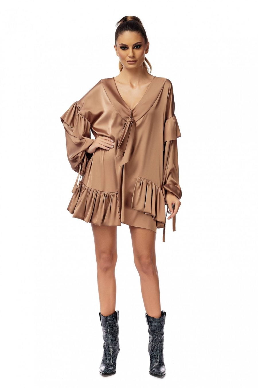 Flare Short Bronze Dress with Neck Scarf