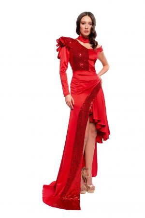 Long Sequins Asymmetric Red Dress