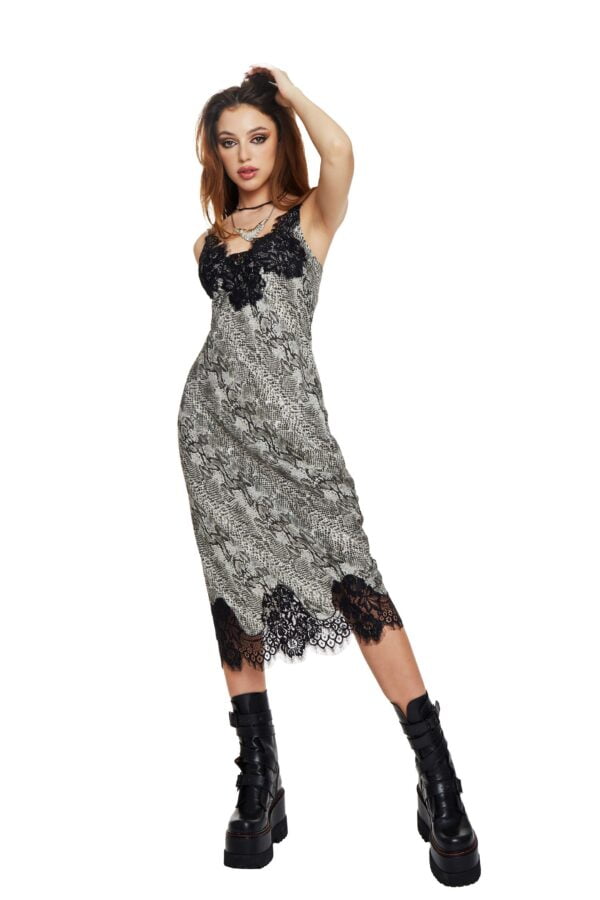 Snake print long dress with lace