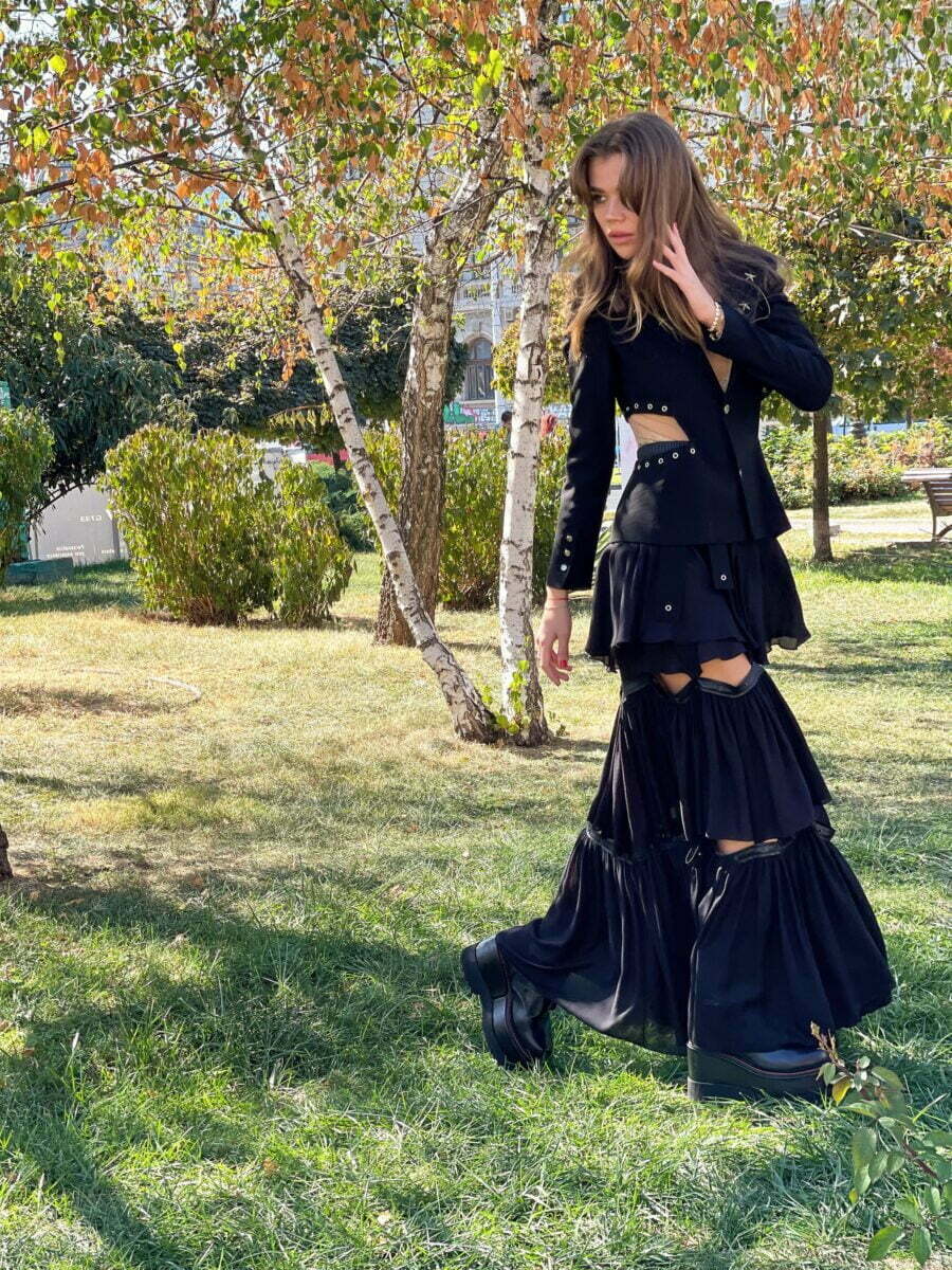 Long skirt with cutouts and leather